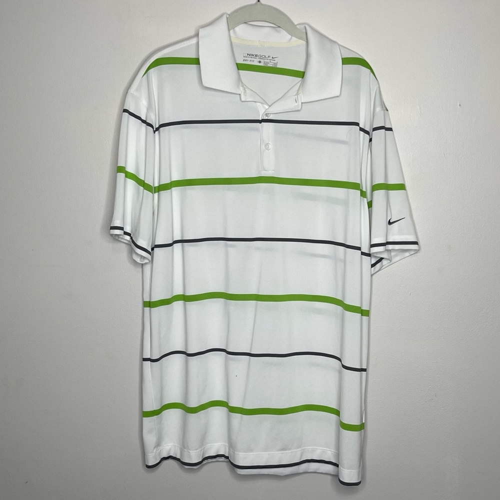Nike Golf Dri Fit White Polo with Green and Black Stripes Size Large Lightweight